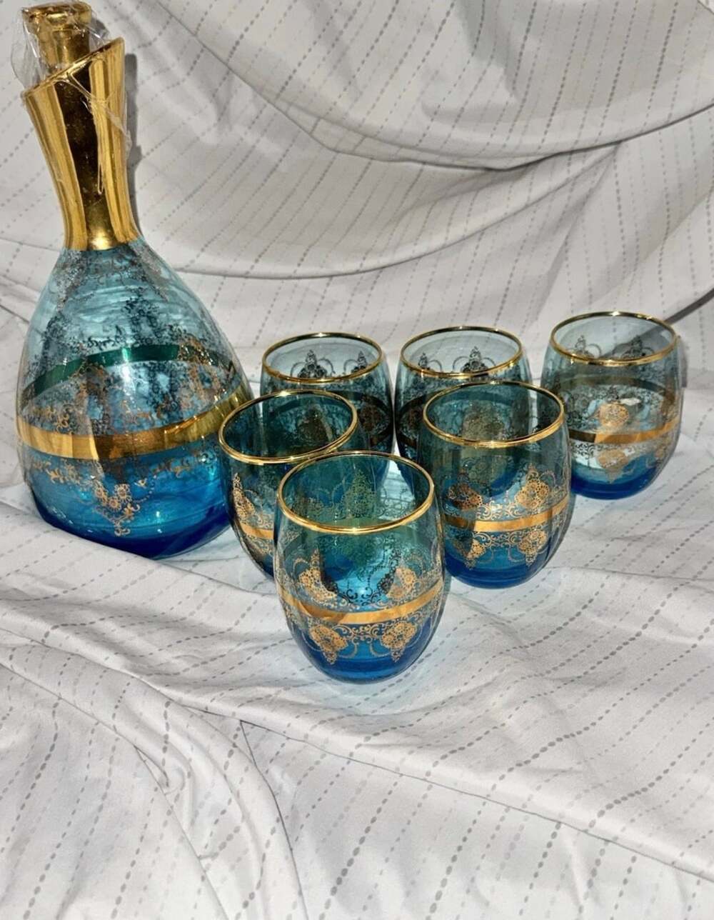 Vtg Vecchia Murano Italian Blue& 22K Gold BlownGlass Wine Decanter Set/6 Glasses